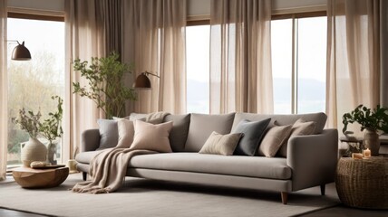 Obraz premium A modern living room with a large comfortable sofa, plush pillows, and a throw blanket. There is a wooden coffee table and two potted plants in the room