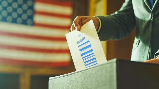 A man is seen casting a ballot at a voting booth, the American flag in the background symbolizes democracy. He wears a dark suit, indicating formality and the importance of the act.