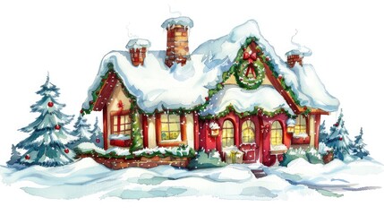 Cute house covered with snow Decorate with Christmas wreaths and festive decorations.