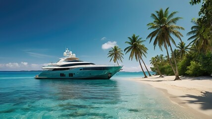 Obraz premium Luxury yacht anchored by a serene beach with palm trees.
