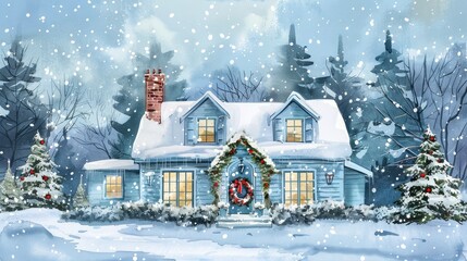 Cute house covered with snow Decorate with Christmas wreaths and festive decorations.