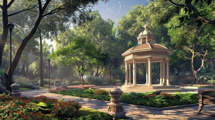 Obraz premium Illustration of a recreation area in a city park with a magnificent pavilion in a classical design.
