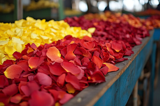 red and yellow rose petals from a Colombian flower market.