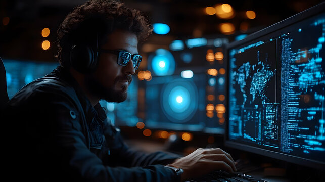 Man Working on Computer with Code on Screen - Realistic Image