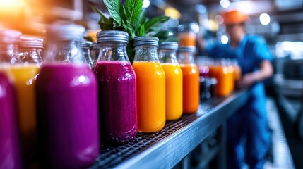 Vibrant juice bottles are lined up meticulously on a factory production line, showcasing an array of colors, freshness, and the efficiency of automated manufacturing.