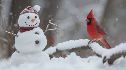 christmas festival Cheerful snowman and fellow cardinal