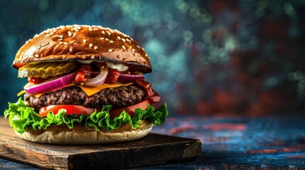 Delicious burger with cheese and fresh ingredients on a dark blue background, AI generated image