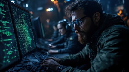 In a dimly lit cyber security center, a focused programmer works intensely on a computer setup, surrounded by glowing screens depicting network security data.