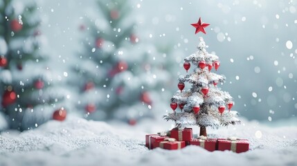 Christmas background with Christmas tree and pile of small gifts, Christmas festival concept.