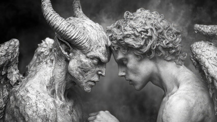 Black and White Portrait of Mythical Creatures Facing Each Other