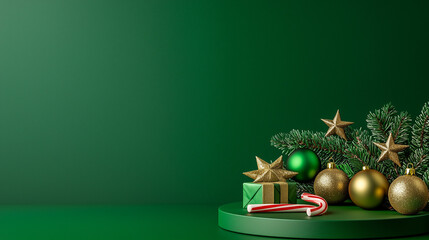 Elegant Holiday Arrangement with Green Podiums and Decorative Ornaments