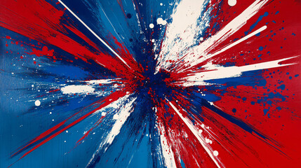 Abstract red and blue starburst designs with white lines and energetic effects.