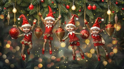 5 Christmas elves hanging on the Christmas tree with ornaments and lights, Christmas festival concept.