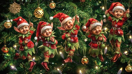 5 Christmas elves hanging on the Christmas tree with ornaments and lights, Christmas festival concept.