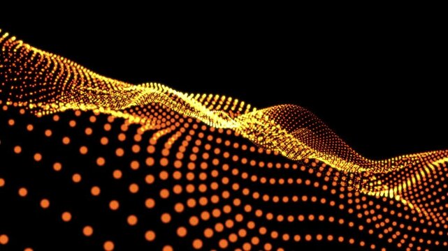 Golden particles flowing in a wave above a dotted black background. Suitable for luxury, abstract, technology, and celebrationthemed designs.