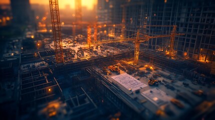 Obraz premium A bustling construction site illuminated by a warm sunset, showcasing cranes, scaffolding, and ongoing building activities.
