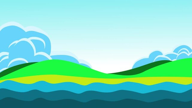 Blue sky green hills yellow beach blue water peaceful scenery suitable for travel blogs, nature magazines, backgrounds, and website headers.