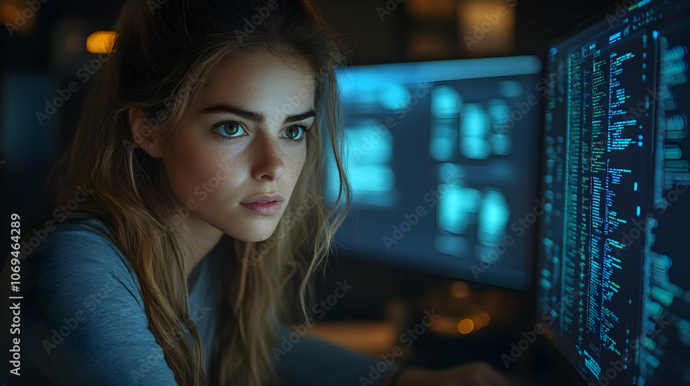Poster woman coding on computer - realistic photo