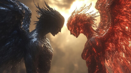 Fiery Red and Dark Winged Figures Facing Each Other in a Mystical Standoff