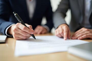 Hands signing contract on wooden table, one hand in navy suit jacket, other in gray jacket pointing to document, softly blurred background, focused professional setting