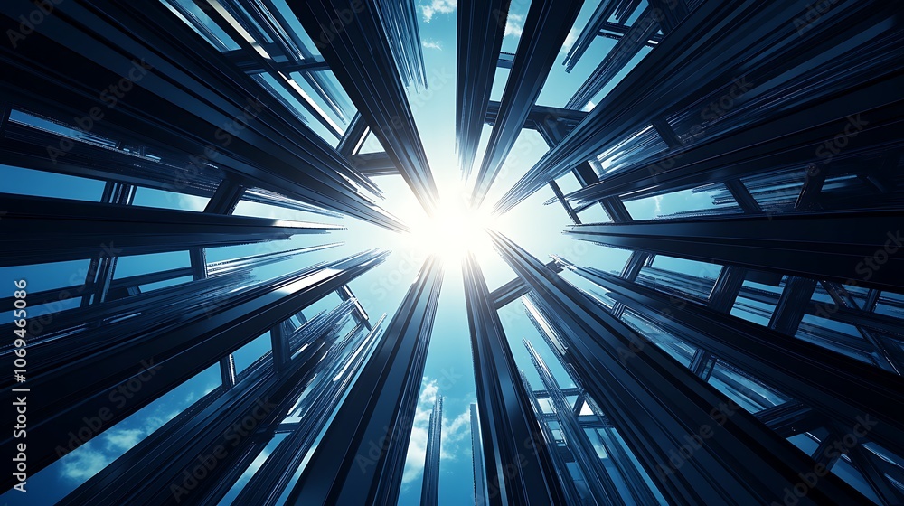 Poster A stunning view looking up through metallic structures, with bright sunlight emerging from the center, creating a captivating contrast against the blue sky.