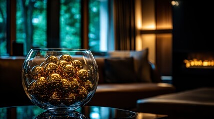 Elegant Glass Bowl with Golden Orbs in Modern Interior