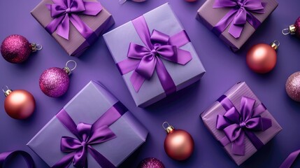 Top view of lilac gift boxes with pink and purple ribbon bows on isolated purple background, Christmas concept.