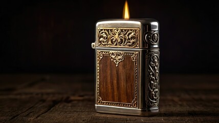 Ornate lighter with a wooden inlay, lit against a dark background.