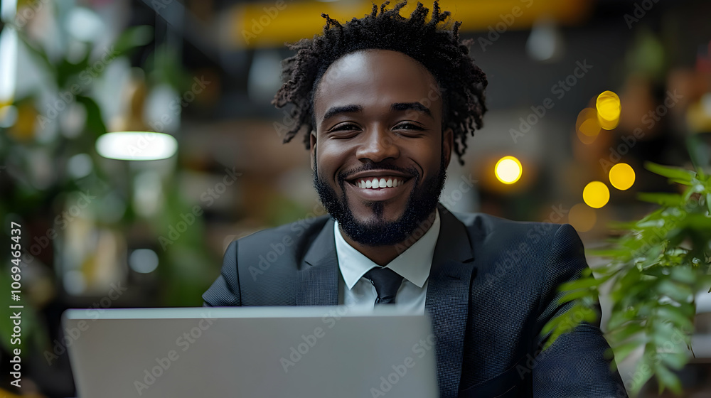 Poster smiling man in suit using laptop - realistic image
