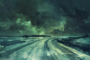 Fototapeta premium Northern lights over snowy road. High quality photo