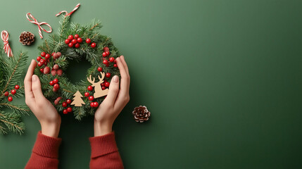 Woman Holding Handmade Christmas Wreath in Cozy Workspace