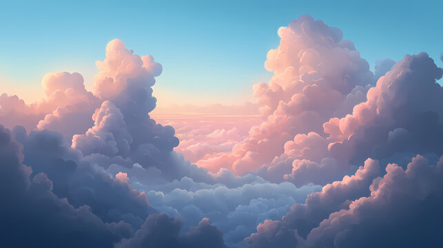 Neatly organized clouds serve as a backdrop featuring a composition of dark clouds set against the sky. Ethereal. Illustration