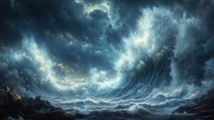 Fototapeta premium A dramatic stormy sea with large waves crashing against the shore.