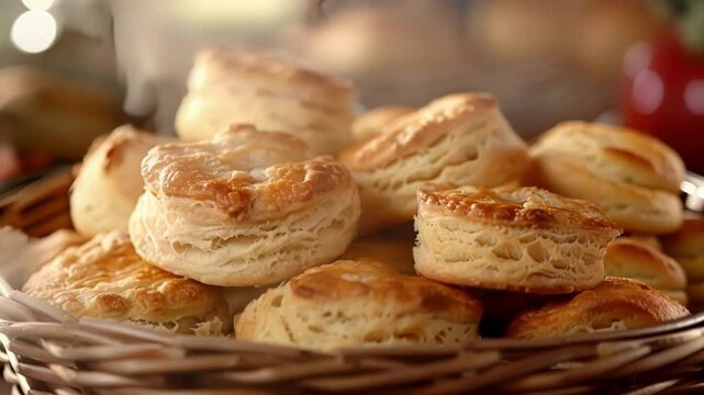 Delicious golden brown biscuits arranged in a rustic basket, freshly baked and warm, perfect for breakfast or snack. Close up captures the flaky texture and golden crust of homemade comfort food