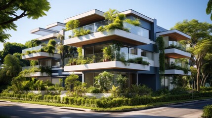 Modern, multi-story building with lush green plants and balconies.