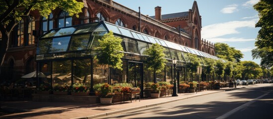 A glass-enclosed patio with a brick building, trees, and a street with a walkway and cars in the background.