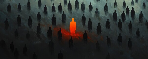 Silhouette figures with one highlighted in red, concept of individuality and uniqueness