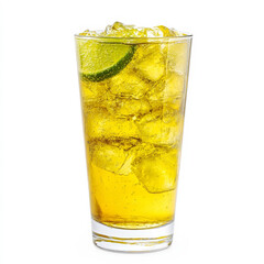 A glass of ice-cold lime soda, isolated on a white background, highlighting a fizzy drink