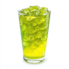 A glass of ice-cold lime soda, isolated on a white background, highlighting a fizzy drink