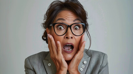 Astonished woman with glasses holds her face, wide-eyed with mouth open, capturing a genuine moment of surprise. Ideal for lifestyle and emotional expressions