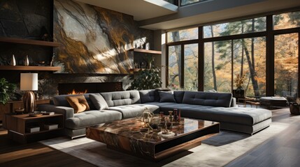 Modern living room with a large sectional sofa, fireplace, and large windows overlooking a wooded area.