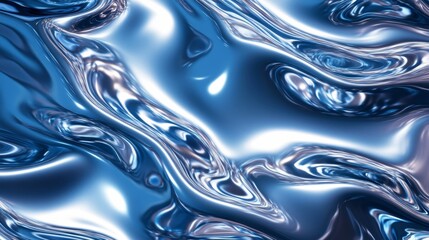 Wavy metallic surface with neon reflections in deep blue and silver gradient for retro vibe