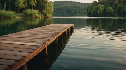 Tranquil lakeside scene with a wooden dock and calm water.