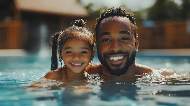 Happy Father and Daughter Smiling in Pool - Realistic Image