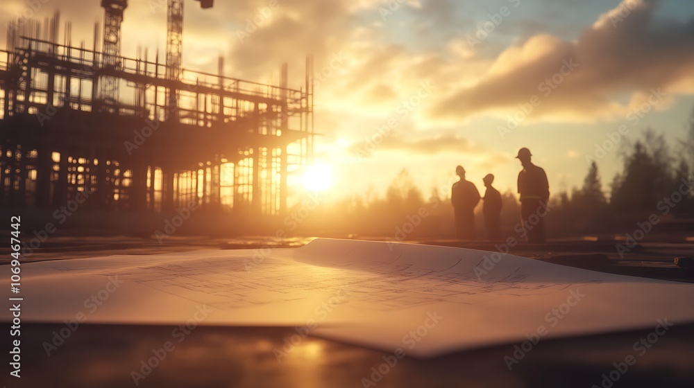 Poster a construction site at sunset with silhouettes of workers discussing plans, showcasing teamwork and 