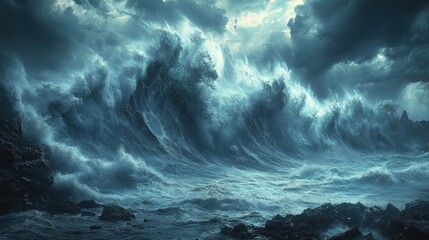 A stormy sea with large waves crashing against the rocky shore.