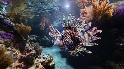 Obraz premium Striped Lionfish Swimming in Coral Reef