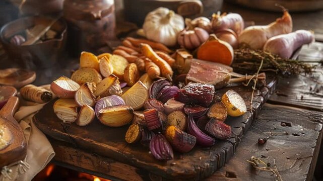 Rustic wooden table holding a feast fit for royalty, featuring a delectable spread of roasted meat and vegetables. The warm lighting and antique dishware further enhance the medieval ambiance