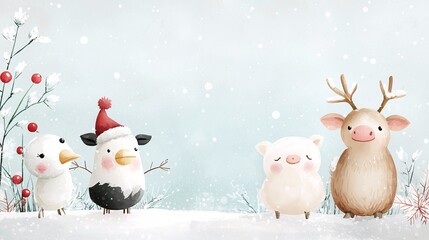 A whimsical winter scene featuring cute animals, including a snowman, a pig, and a reindeer, surrounded by snow and festive elements.