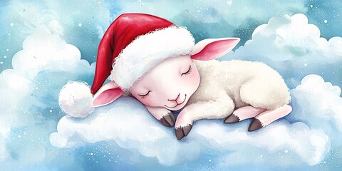 A cute, sleeping lamb wearing a Santa hat, resting on fluffy clouds against a serene blue background.
